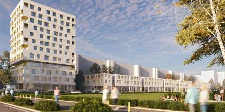 Visualisierung des Projekts. Links der Abschluss des Wohnquartiers durch ein neues Hochhaus. Links davon angeschlossen mehrere Flachbaukörper.